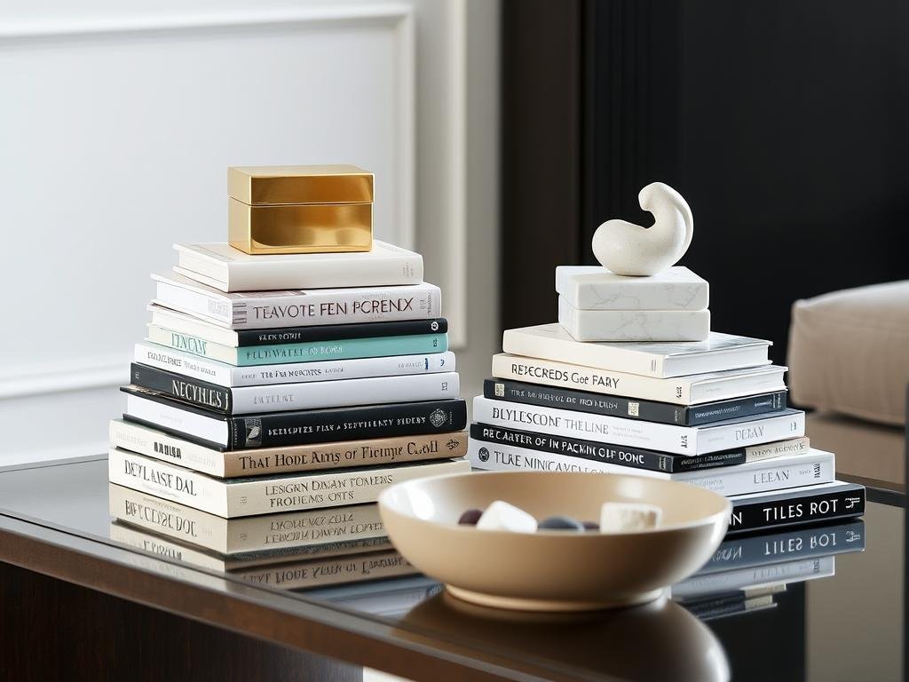 Elegant coffee table with artfully arranged books and decorative objects Elegant coffee table with artfully arranged books and decorative objects