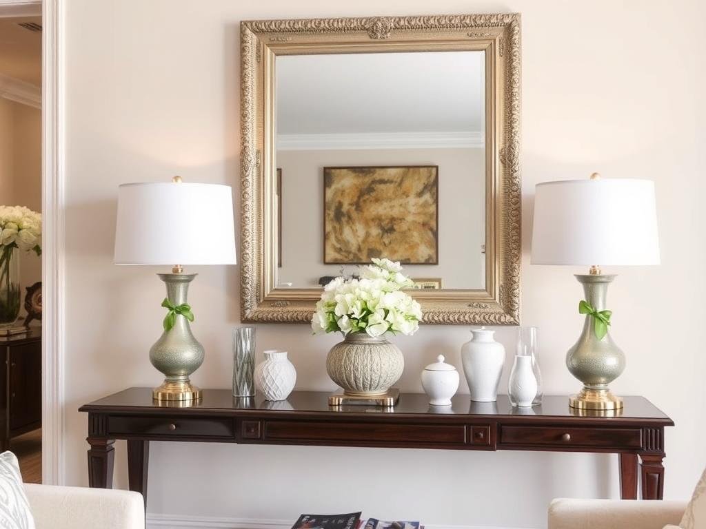 Elegant console table with a stylish mirror hung above it in a living room Elegant console table with a stylish mirror hung above it in a living room