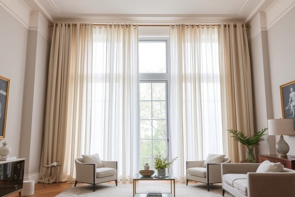 Elegant floor-to-ceiling curtains in a sophisticated living room Elegant floor-to-ceiling curtains in a sophisticated living room