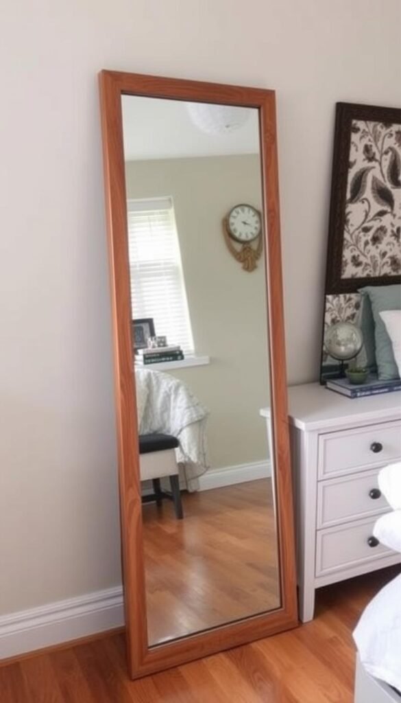 Elegant full-length bedroom mirror with wooden frame leaning against wall Elegant full-length bedroom mirror with wooden frame leaning against wall