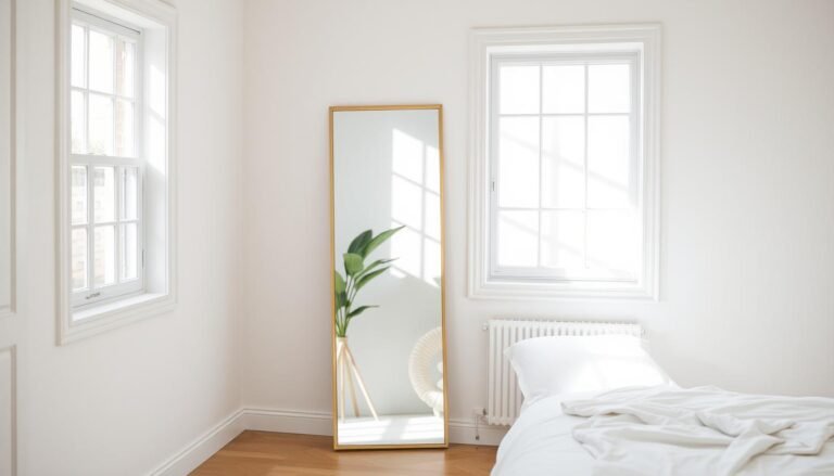Elegant full length mirror in a bright bedroom reflecting natural light