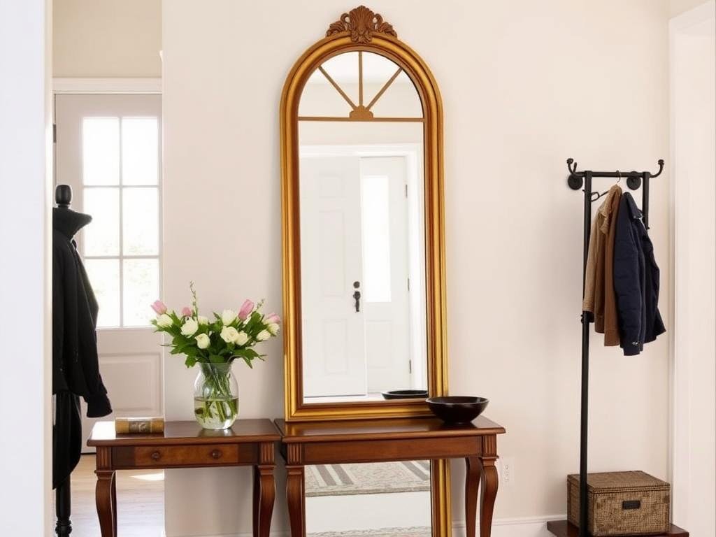 Elegant full length mirror in an entryway with console table Elegant full length mirror in an entryway with console table