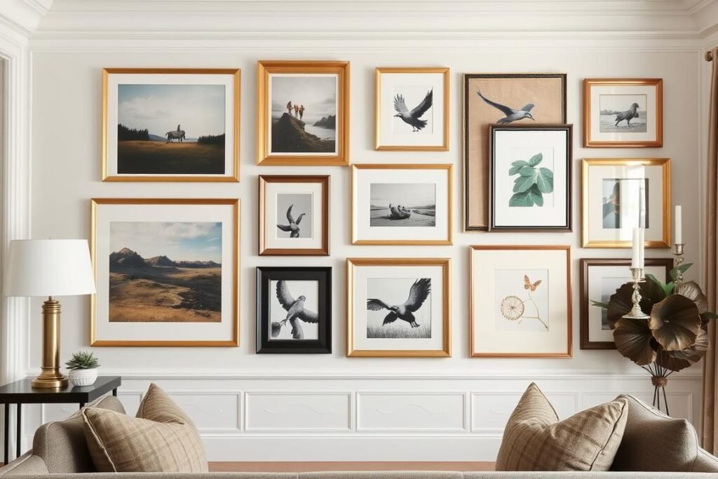 Elegant gallery wall with cohesive framing and thoughtful arrangement Elegant gallery wall with cohesive framing and thoughtful arrangement