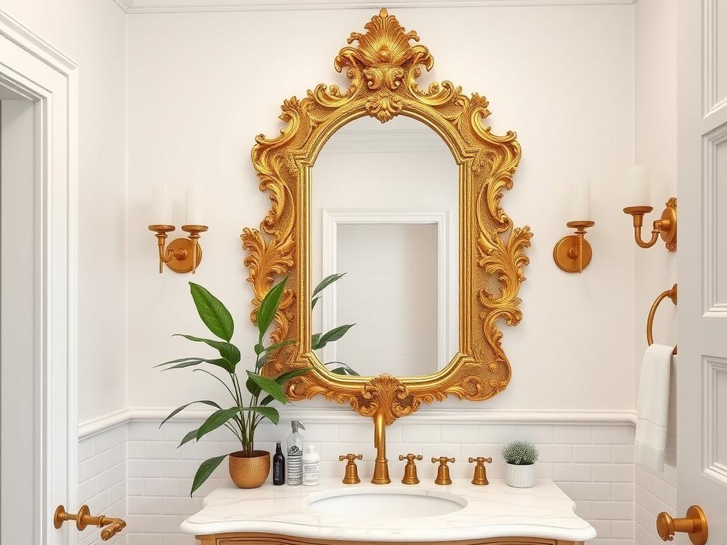 Elegant gold mirror above a marble vanity in a luxurious bathroom Elegant gold mirror above a marble vanity in a luxurious bathroom