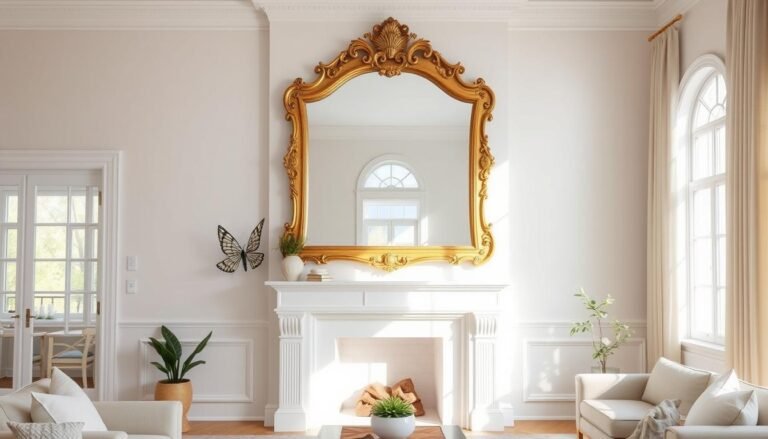 Elegant gold mirror reflecting light in a stylish living room with neutral decor