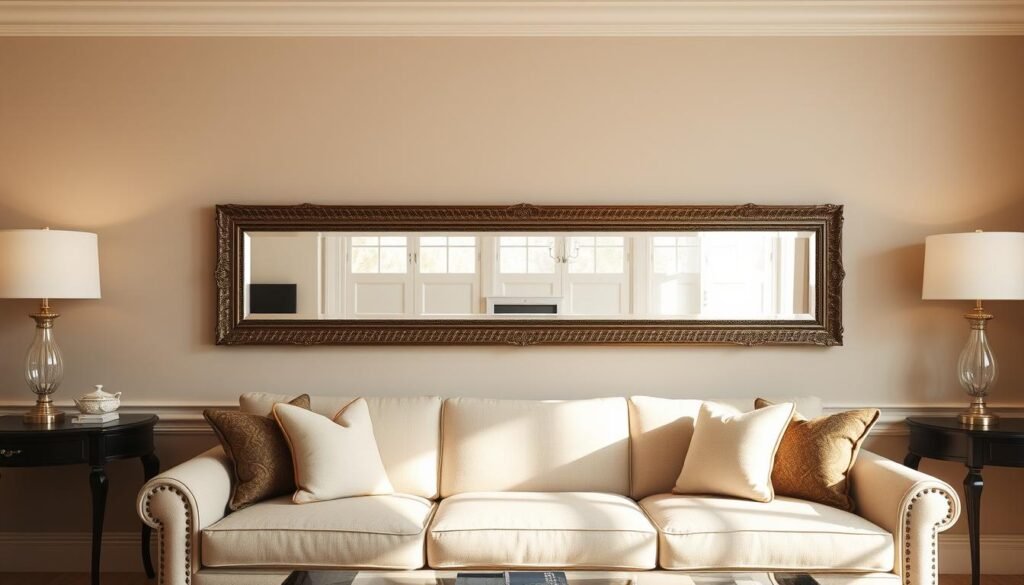 Elegant living room with a horizontal mirror mounted above a sofa Elegant living room with a horizontal mirror mounted above a sofa