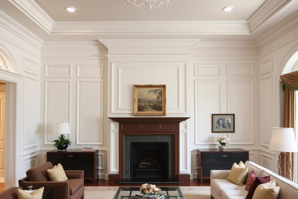 Elegant living room with architectural wall paneling and molding Elegant living room with architectural wall paneling and molding