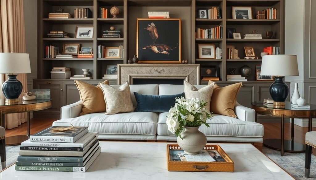 Elegant living room with carefully curated accessories including art books, sculptural objects, and fresh flowers Elegant living room with carefully curated accessories including art books, sculptural objects, and fresh flowers