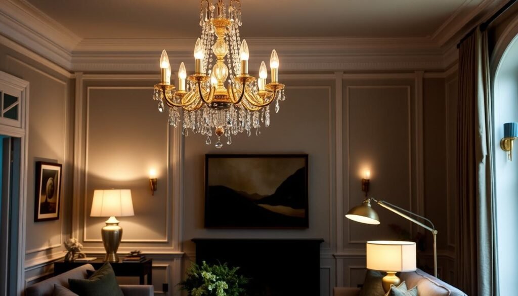 Elegant living room with layered lighting including chandelier, table lamps, and floor lamp Elegant living room with layered lighting including chandelier, table lamps, and floor lamp