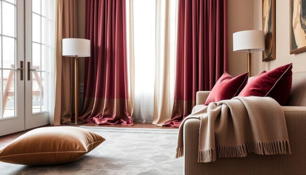 Elegant living room with layered textiles including velvet pillows, silk curtains, and wool rug Elegant living room with layered textiles including velvet pillows, silk curtains, and wool rug