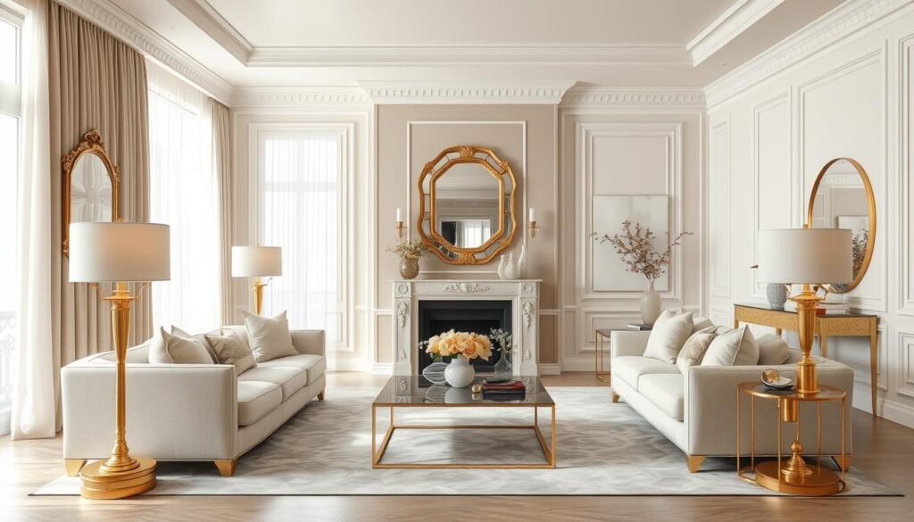 Elegant living room with monochromatic color scheme and gold accents Elegant living room with monochromatic color scheme and gold accents