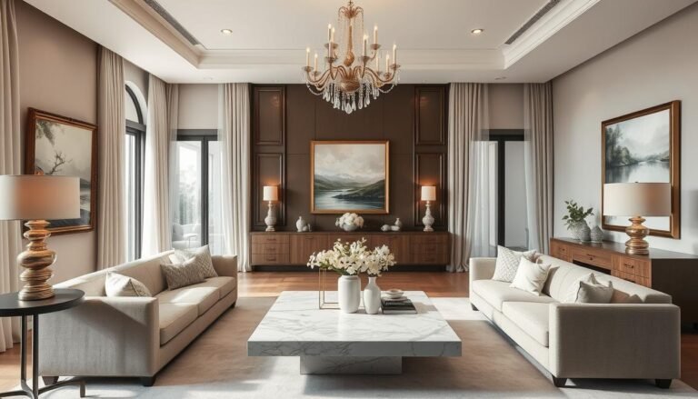 Elegant living room with neutral palette, statement chandelier, and refined furniture