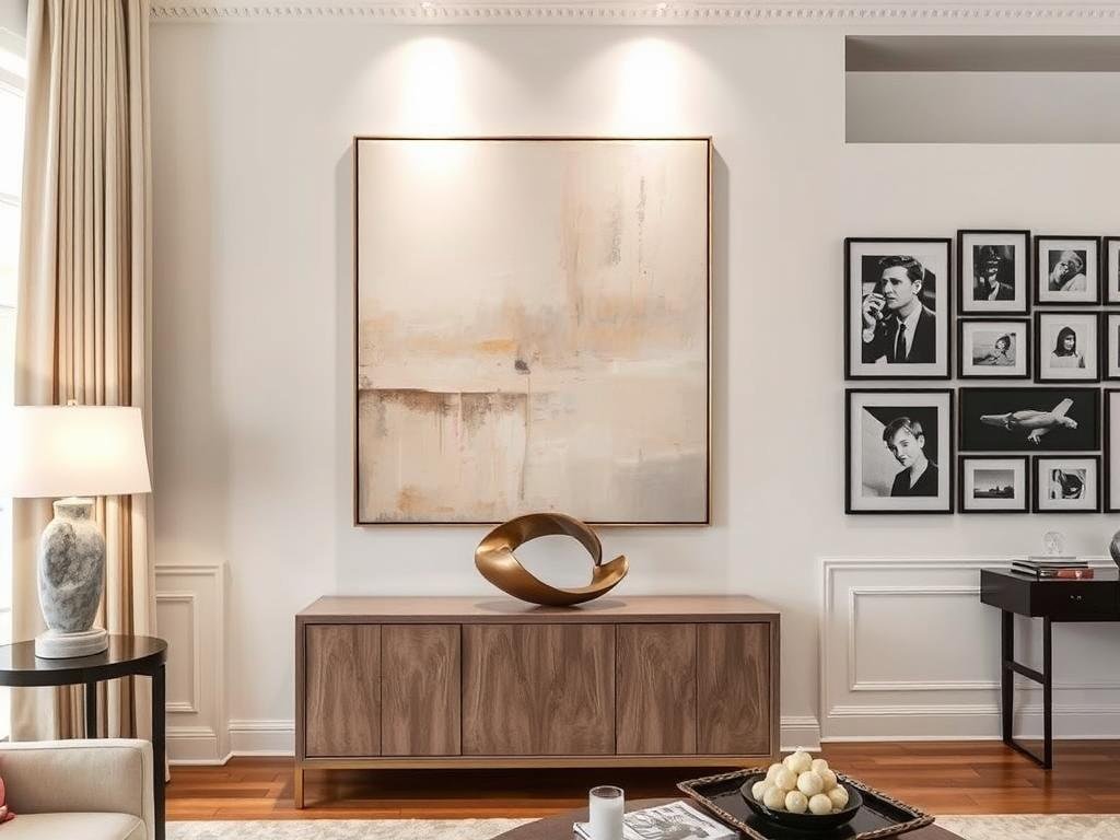 Elegant living room with sophisticated artwork and sculptural objects Elegant living room with sophisticated artwork and sculptural objects