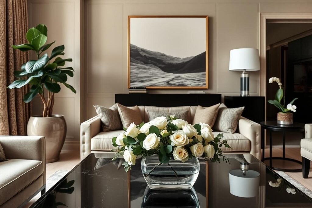 Elegant living room with sophisticated plants and floral arrangements Elegant living room with sophisticated plants and floral arrangements