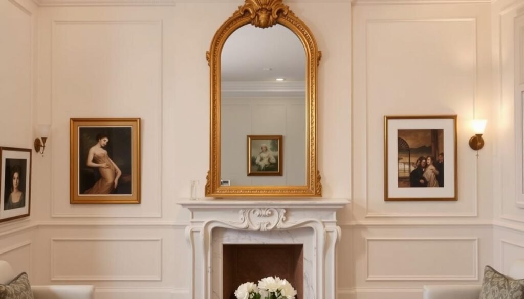 Elegant living room with statement mirror above fireplace and thoughtful wall decor Elegant living room with statement mirror above fireplace and thoughtful wall decor