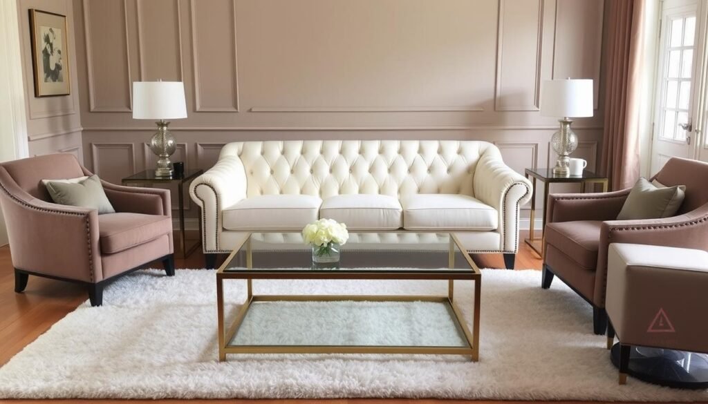 Elegant living room with statement sofa, accent chairs, and refined coffee table Elegant living room with statement sofa, accent chairs, and refined coffee table