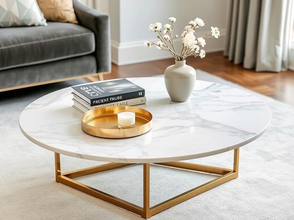 Elegant marble coffee table with brass base in a refined living room Elegant marble coffee table with brass base in a refined living room