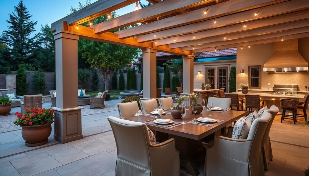 Elegant outdoor dining area adjacent to luxury outdoor kitchen with comfortable seating and premium materials