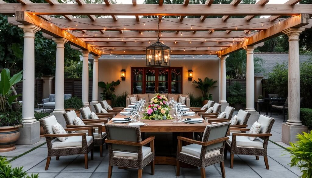 Elegant outdoor dining area with table, chairs, and overhead pergola