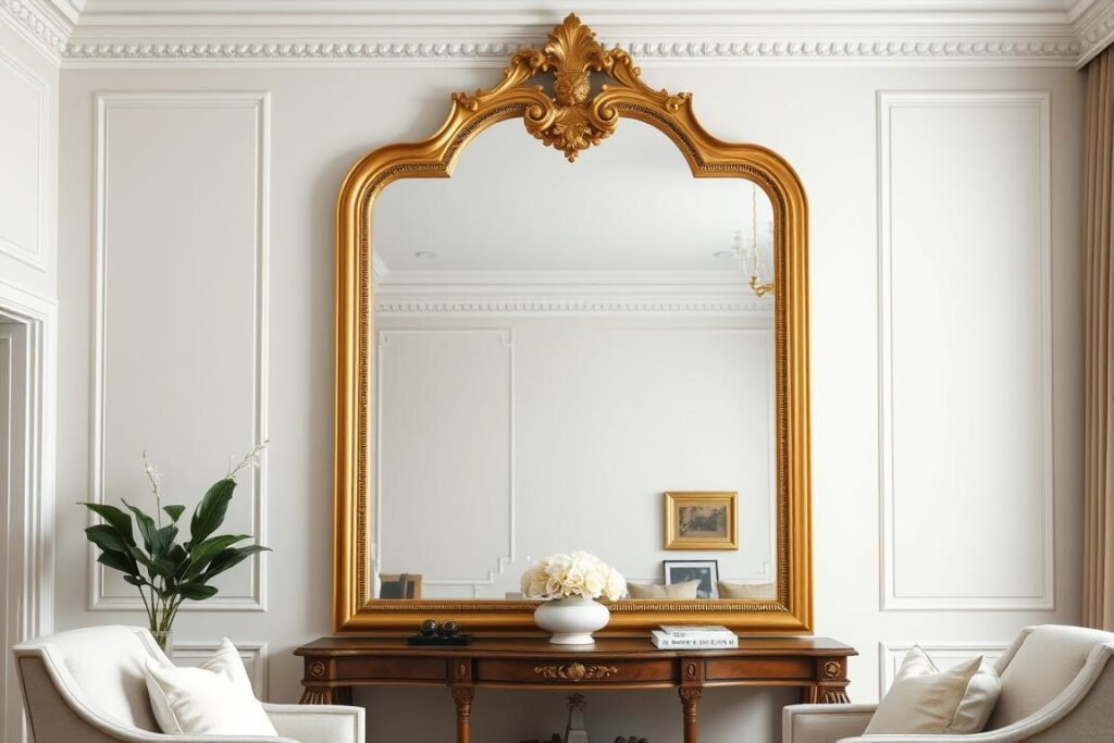 Elegant oversized mirror with refined frame in a sophisticated living room Elegant oversized mirror with refined frame in a sophisticated living room