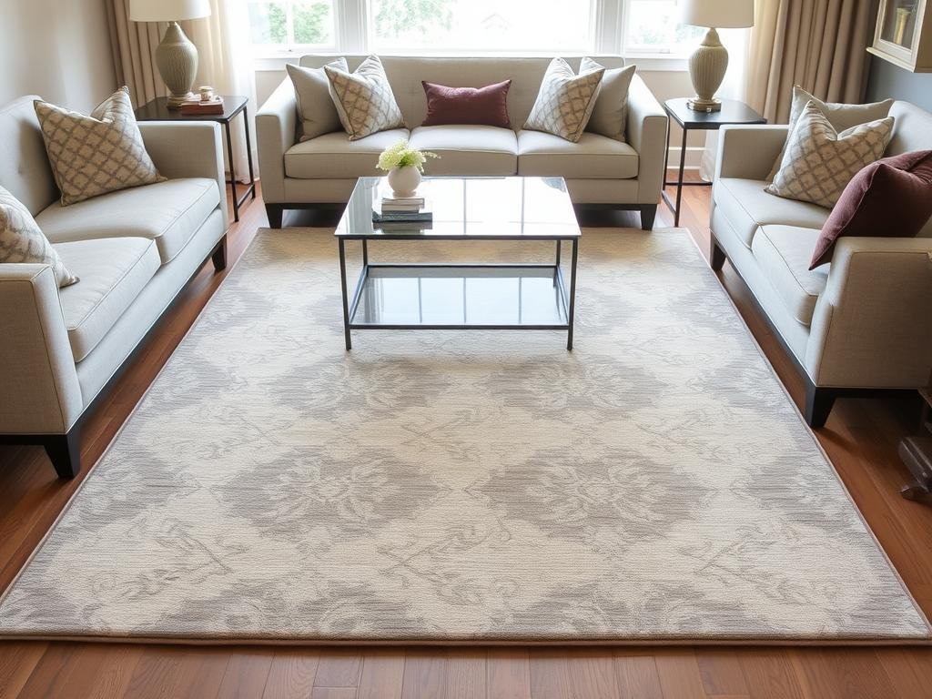 Elegant patterned area rug anchoring a sophisticated living room seating arrangement Elegant patterned area rug anchoring a sophisticated living room seating arrangement