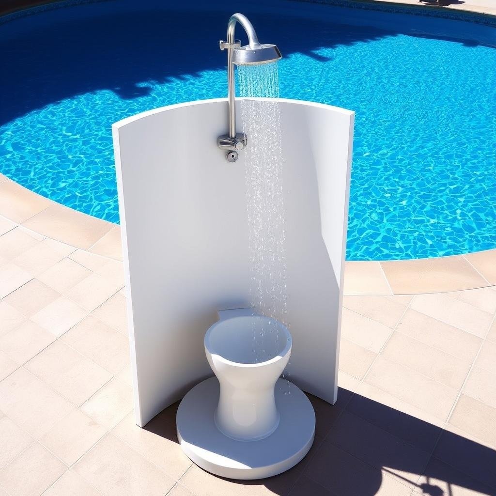Elegant pedestal outdoor shower with curved design near swimming pool
