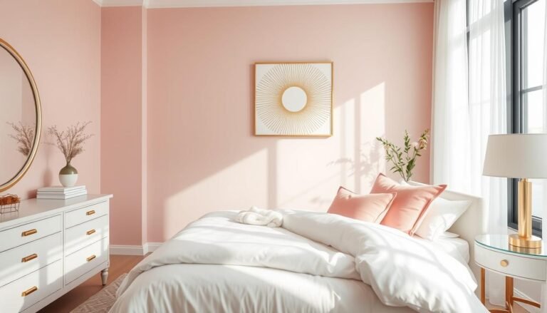 Elegant pink bedroom with blush walls, white furniture, and gold accents