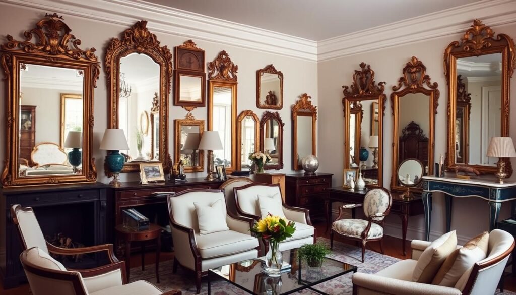 Elegant room featuring multiple antique mirrors creating a sophisticated, layered interior design Elegant room featuring multiple antique mirrors creating a sophisticated, layered interior design