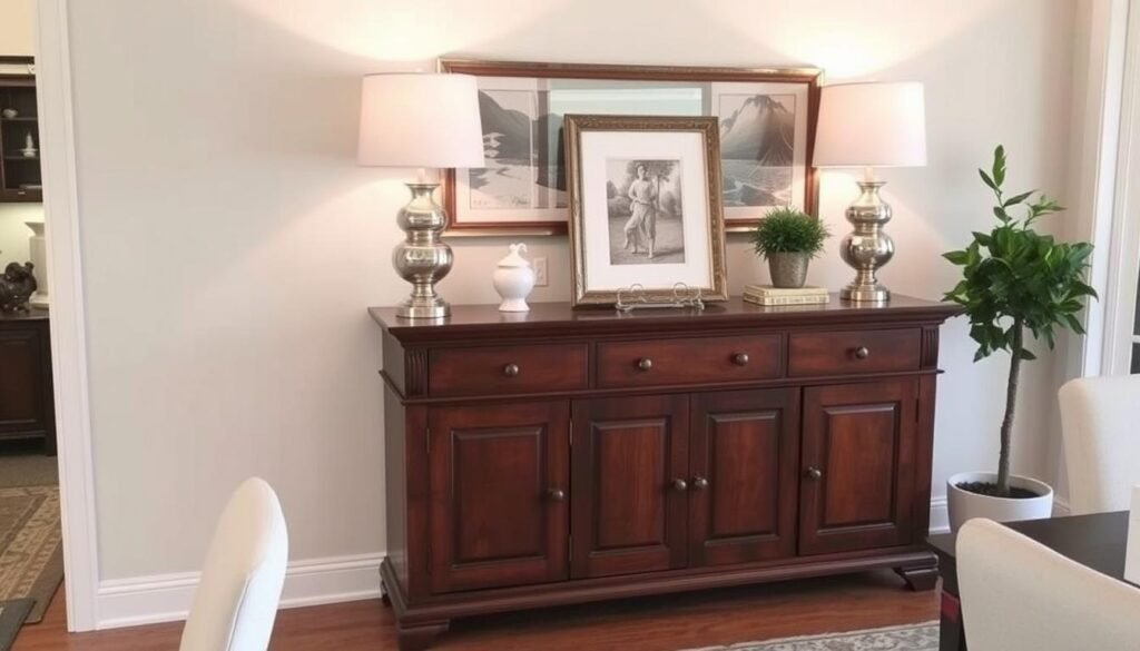 Elegant sideboard with styled decor items, table lamps, and storage for dining essentials Elegant sideboard with styled decor items, table lamps, and storage for dining essentials