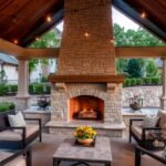 Elegant stone outdoor fireplace on a covered patio with comfortable seating arrangement