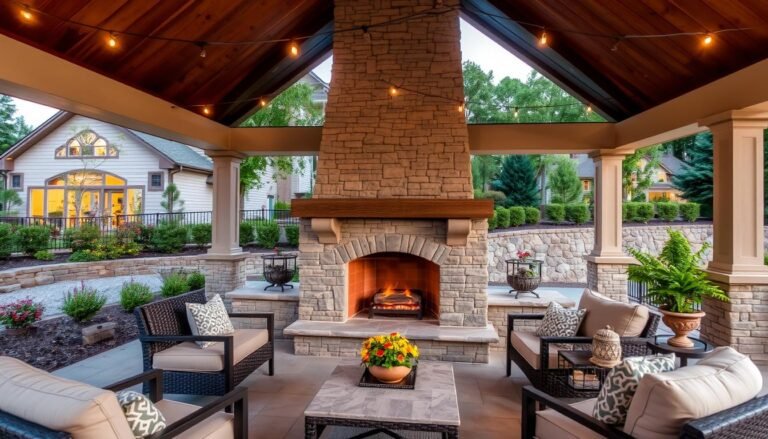 Elegant stone outdoor fireplace on a covered patio with comfortable seating arrangement