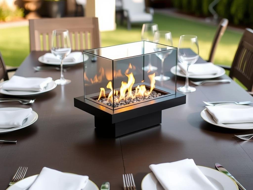 Elegant tabletop ethanol fireplace on an outdoor dining table