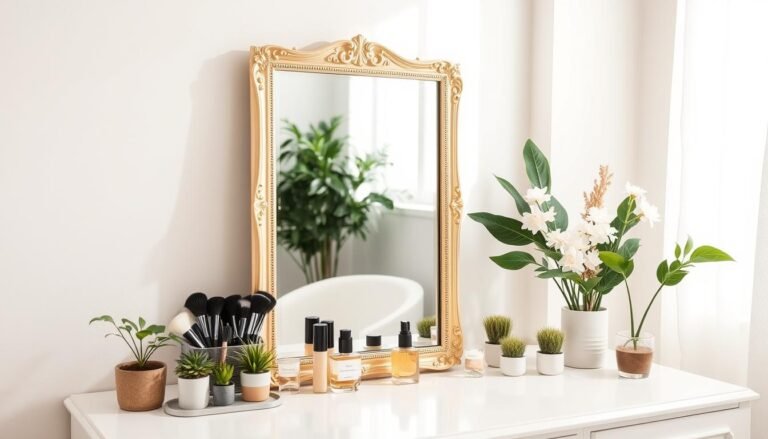 Elegant vanity mirror setup with soft lighting and organized beauty products