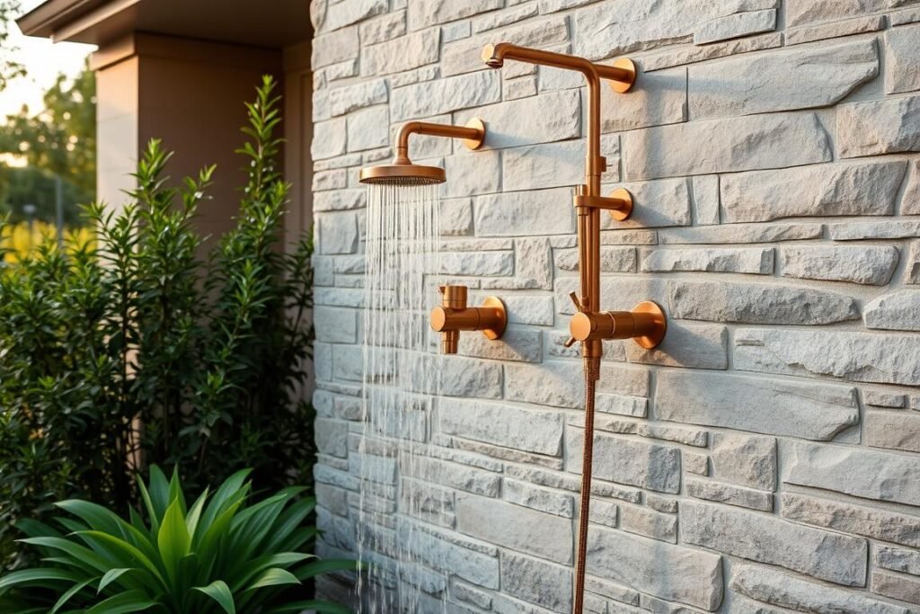 Elegant wall-mounted outdoor shower with copper fixtures on stone wall