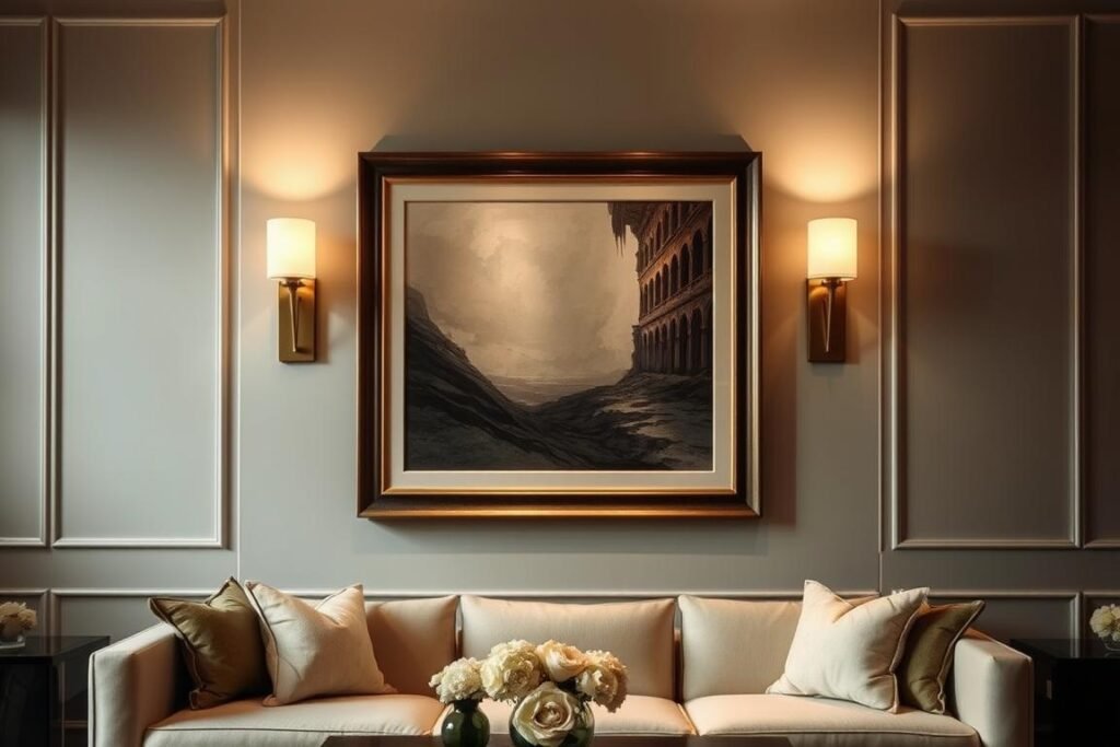 Elegant wall sconces flanking artwork in a sophisticated living room Elegant wall sconces flanking artwork in a sophisticated living room