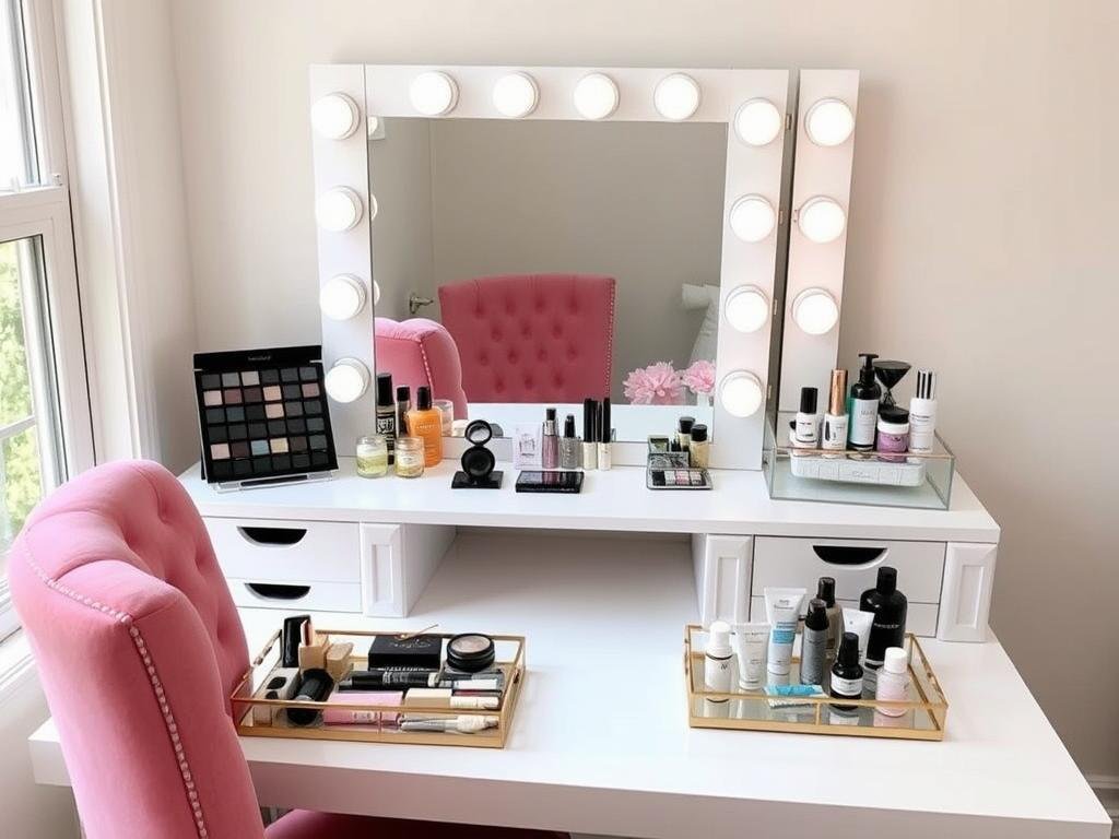 Elegant white vanity setup with organized makeup and skincare products