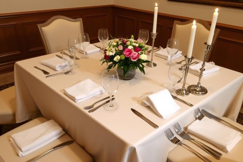Elegantly set dining table with tablecloth, place settings, and a simple floral centerpiece Elegantly set dining table with tablecloth, place settings, and a simple floral centerpiece