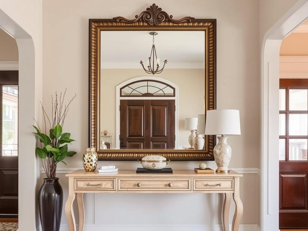 Entryway with console table and large decorative mirror above it Entryway with console table and large decorative mirror above it