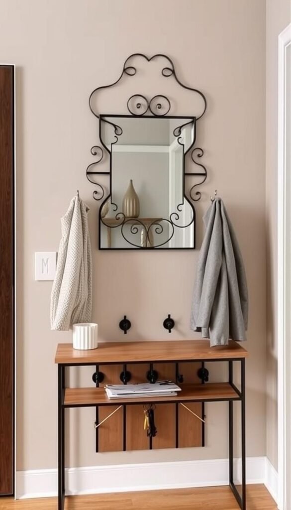 Entryway with mirror, hooks and small shelf Entryway with mirror, hooks and small shelf
