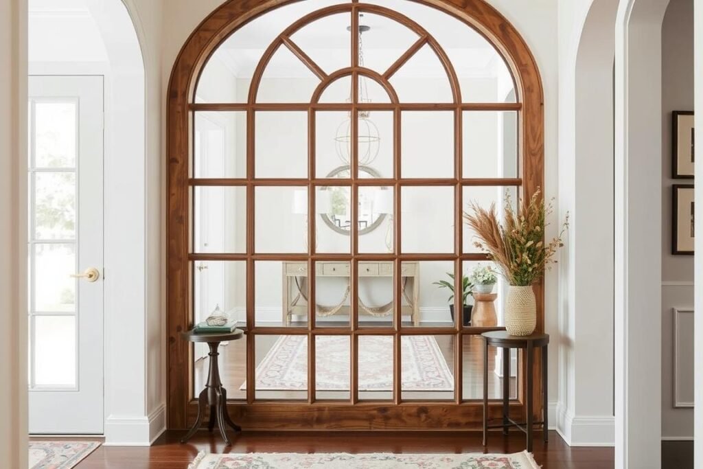 Entryway with window-style mirror creating illusion of additional space Entryway with window-style mirror creating illusion of additional space
