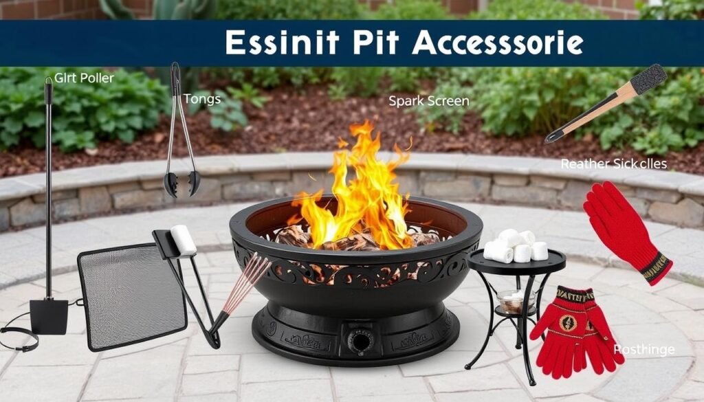 Essential accessories for an outdoor fire pit area including tools and comfort items
