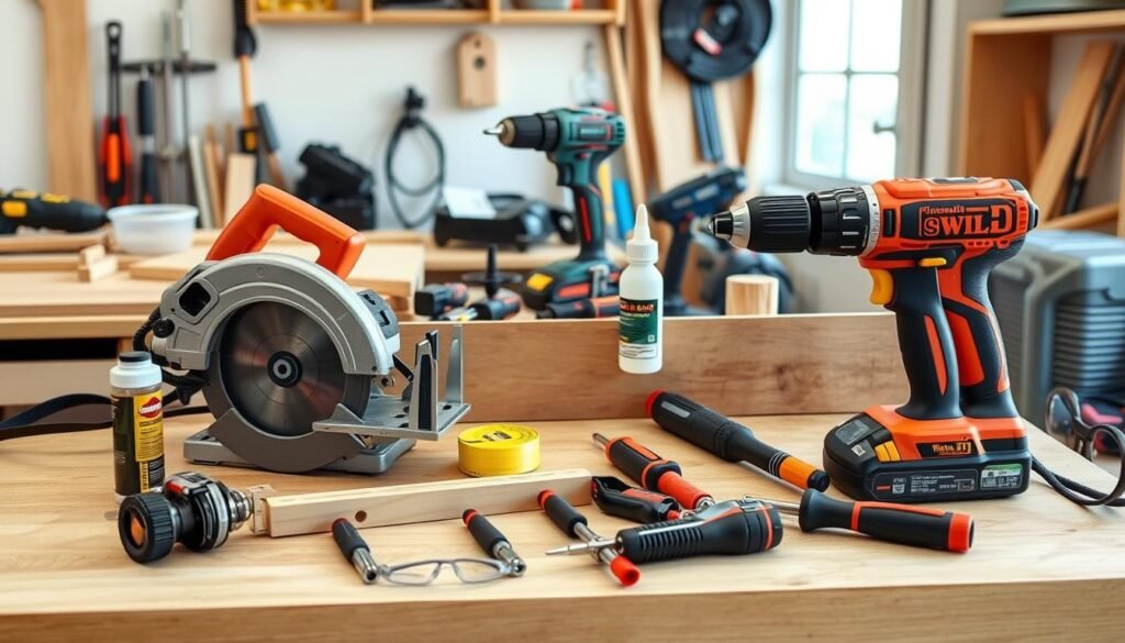 Essential tools laid out for DIY outdoor furniture projects