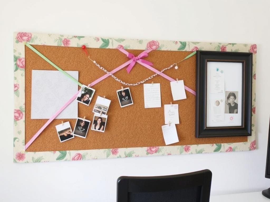 Fabric-covered cork board organization wall with ribbons and decorative pins Fabric-covered cork board organization wall with ribbons and decorative pins
