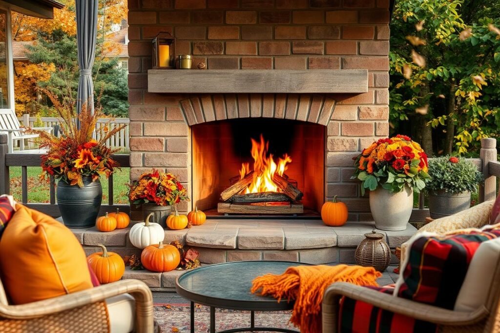 Fall outdoor fireplace setting with autumn colors, throws, and seasonal decor