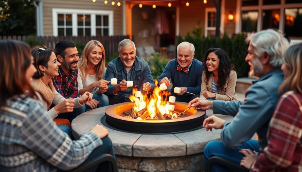 Family and friends enjoying a beautiful evening around an outdoor fire pit area