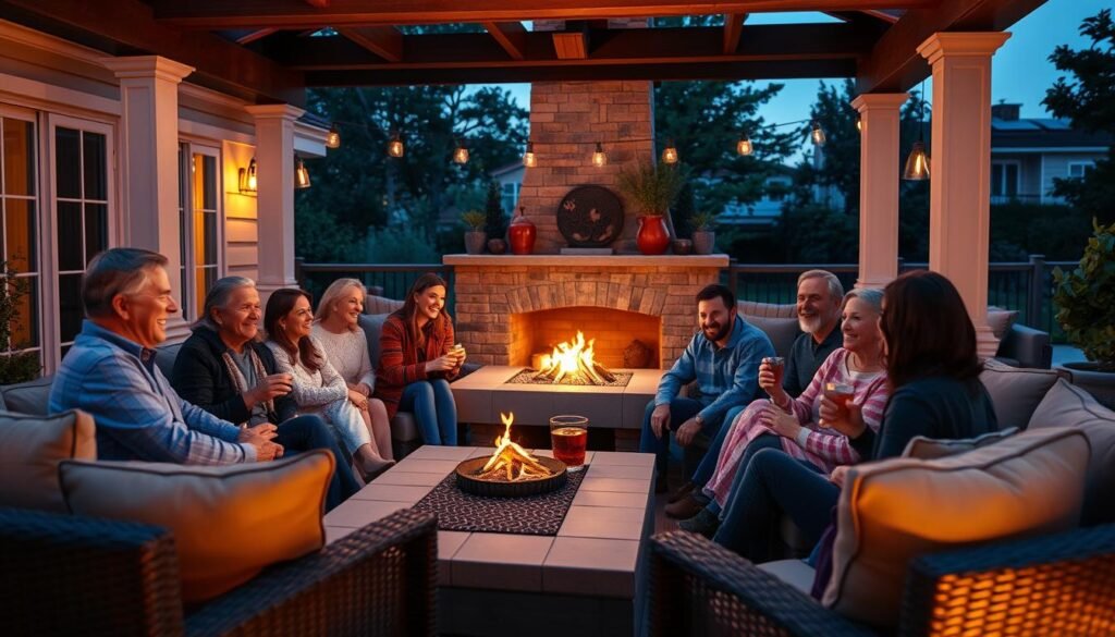 Family and friends enjoying a beautiful evening around an outdoor fireplace patio