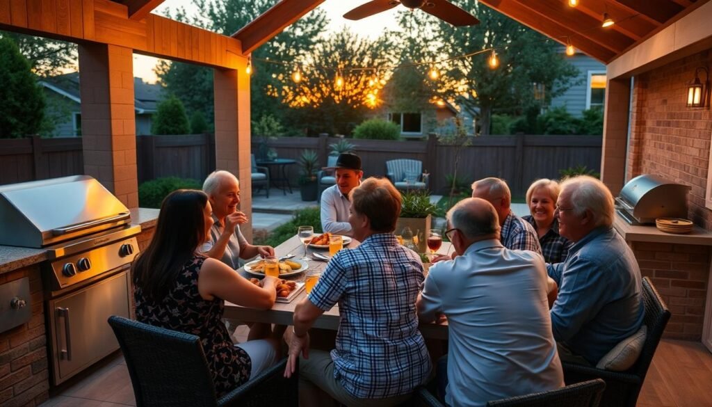 Family and friends enjoying meal in completed outdoor kitchen at sunset