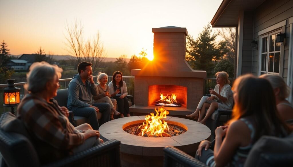 Family and friends gathering around a beautiful outdoor fireplace at sunset