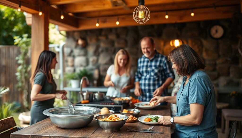 Family enjoying a meal at their simple outdoor kitchen