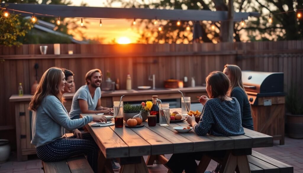 Family enjoying a meal in their DIY budget outdoor kitchen at sunset